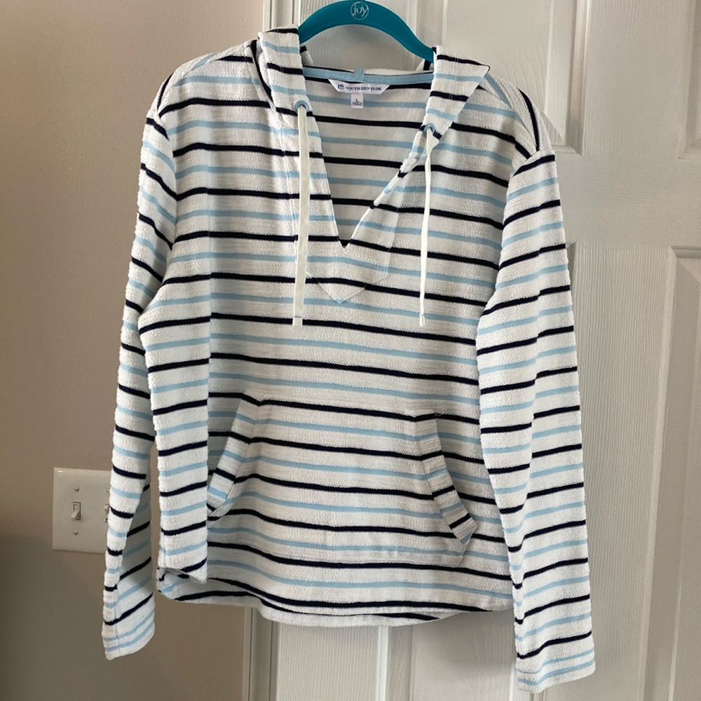 Southern Tide Paiton Blue and White Striped Terry Hoodie